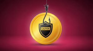 Free TikTok coins scam warning with caution shield and phishing hook