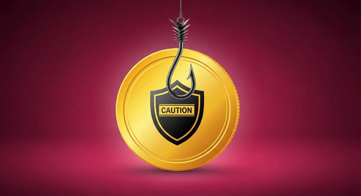 Free TikTok coins scam warning with caution shield and phishing hook