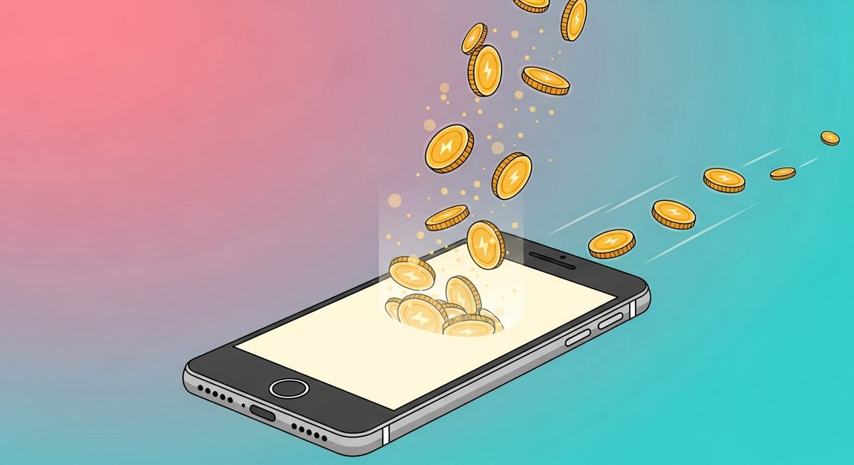 TikTok coins recharge concept with golden virtual coins flowing into a smartphone