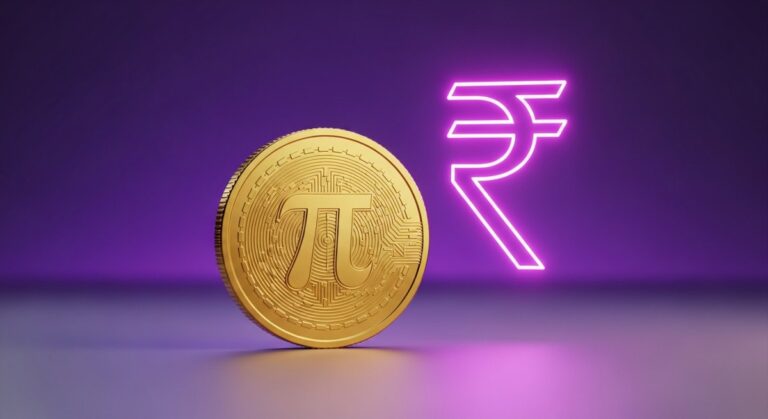 Pi coin price in INR, gold Pi Network coin beside a neon Indian rupee symbol