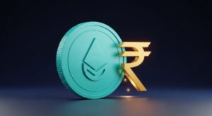 SUI coin price in INR, turquoise Sui coin beside a golden Indian rupee symbol