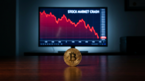 Bitcoin coin in front of a crashing red stock chart