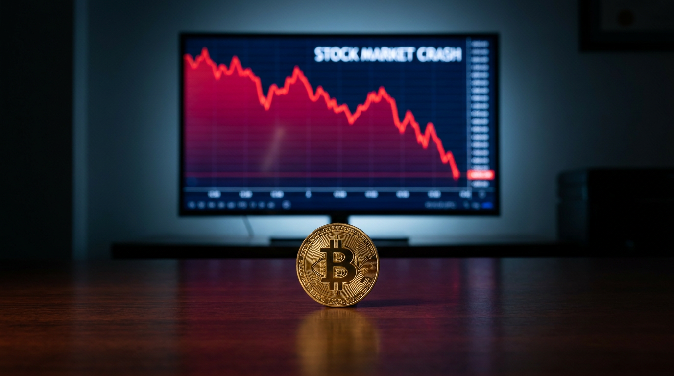 Bitcoin coin in front of a crashing red stock chart