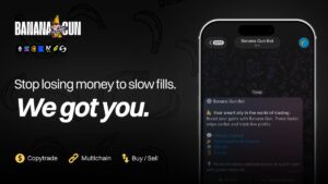 Banana Gun Telegram trading bot on a phone showing copytrade, multichain and buy or sell controls