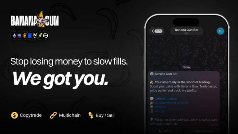 Banana Gun Telegram trading bot on a phone showing copytrade, multichain and buy or sell controls