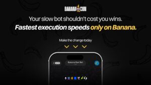 Banana Gun trading bot promotion stating slow bots cost wins, with the Telegram bot and supported chain icons