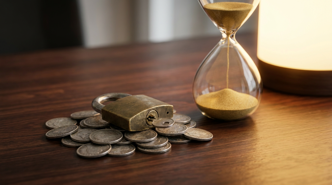 is crypto staking worth it - brass padlock on a pile of coins beside an hourglass