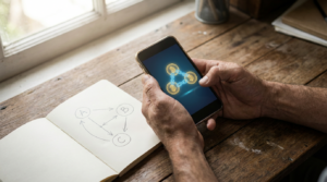 what is defi in simple terms - hands holding a phone with linked coins beside a notebook flowchart