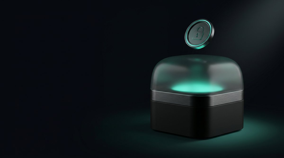 A dark glass ASIC miner with a glowing lock coin floating above it, representing private Aleo proving