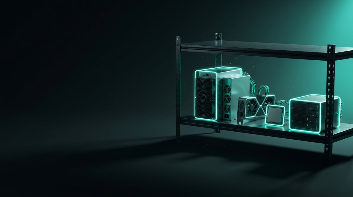 ASIC miner, GPU, CPU and server on a dark shelf with teal outlines
