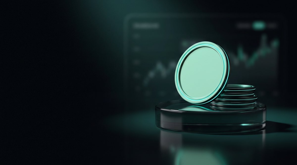 A glowing teal coin standing on a glass plinth beside a stack of coins, with a blurred rising price chart on a dark screen behind