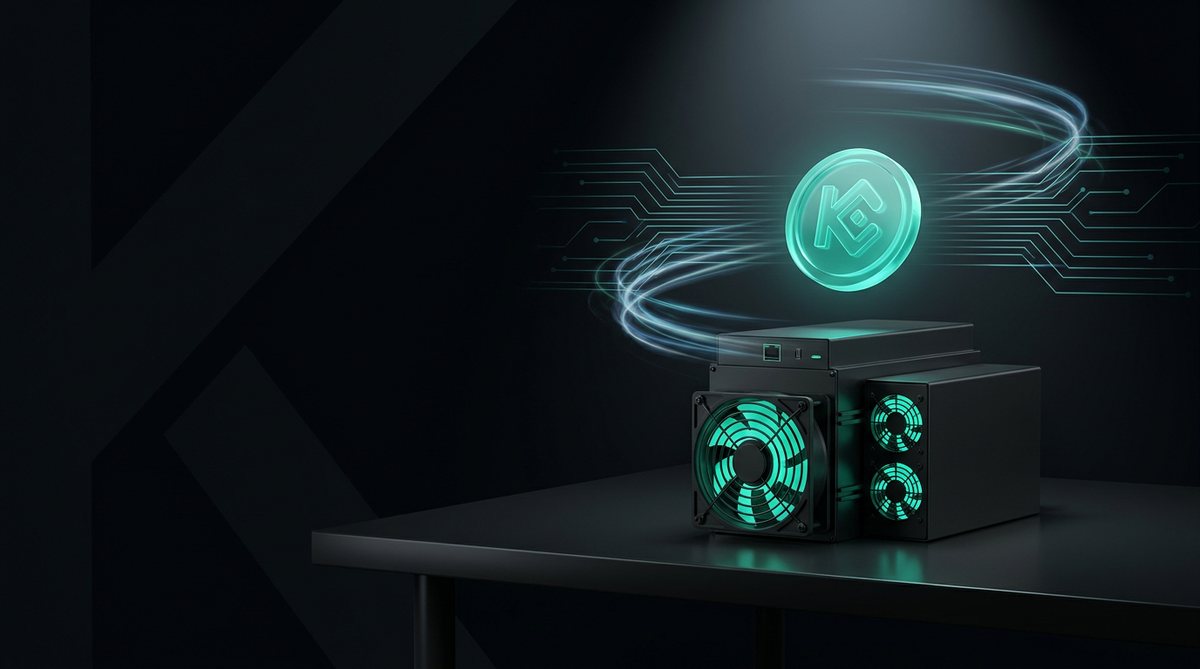 Kaspa ASIC miner with a glowing KAS coin above it