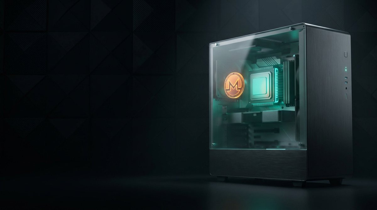 Gaming PC tower with a glowing Monero XMR coin floating above the CPU inside the glass case