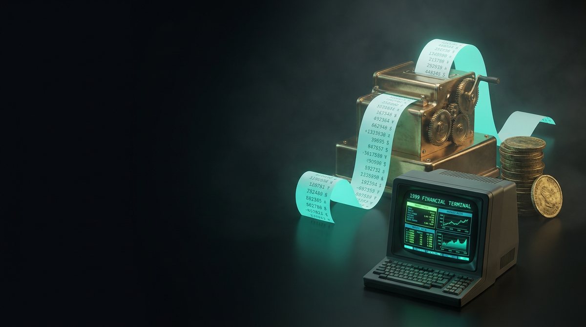 A 1999-style financial terminal beside a brass ticker machine and a stack of coins, illustrating NetNet Capital's retro reserve fund theme