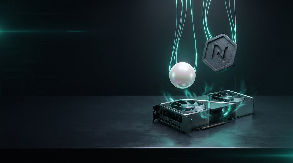 GPU mining rig with two glowing coins above it, one for NOCK and one for Pearl