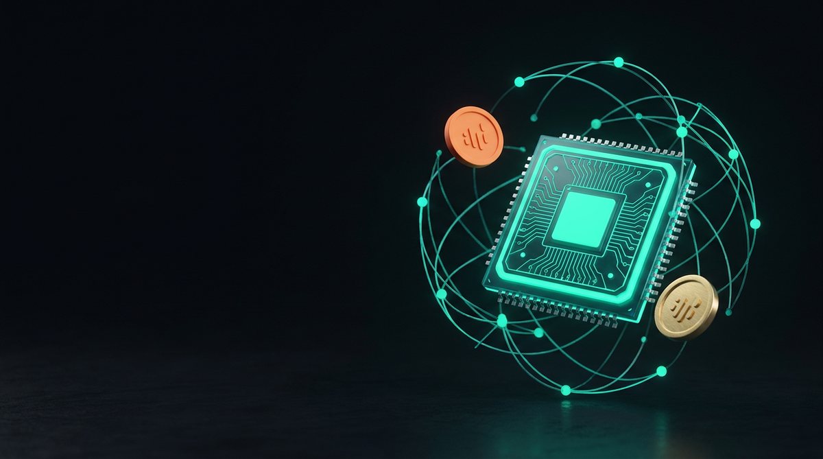 Glowing QUBIC coin above a CPU and graphics card training a neural network