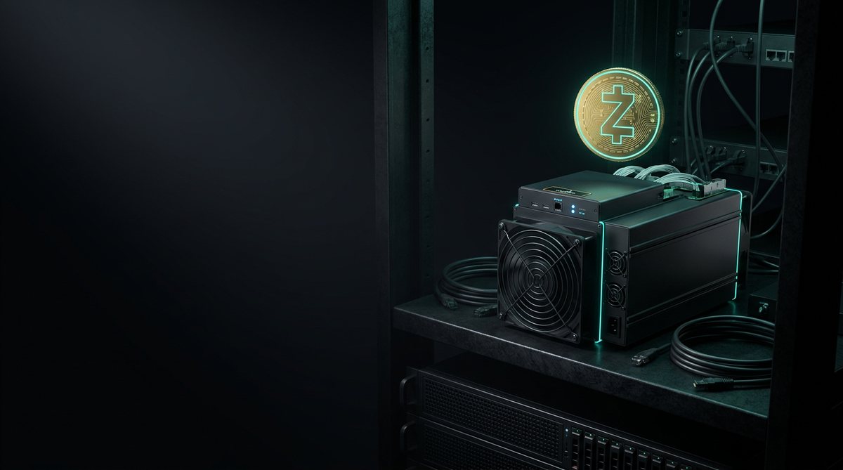 Antminer Z15 Equihash miner with a glowing ZEC coin above it
