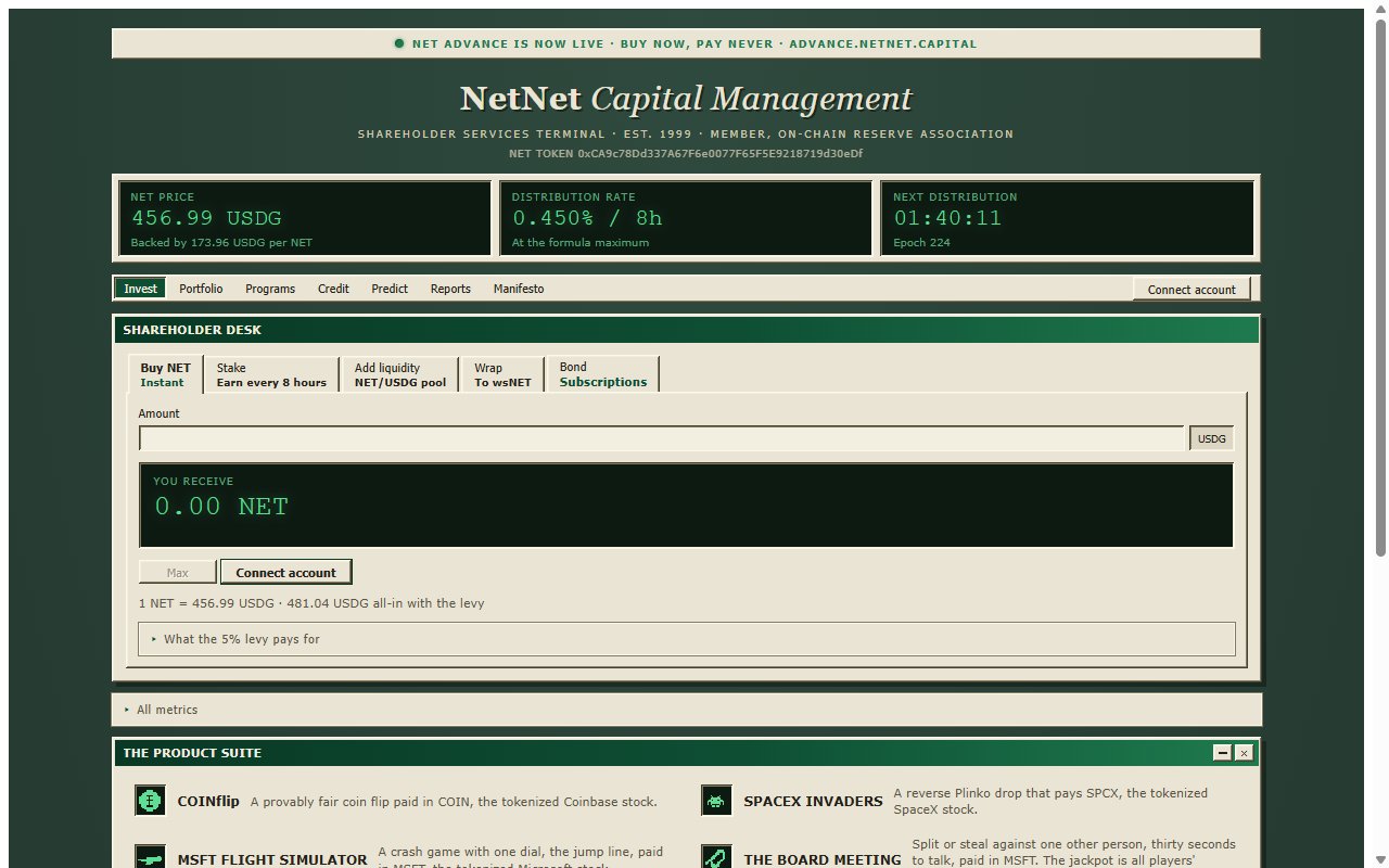 NetNet Capital app home screen showing NET price 456.99 USDG, backing 173.96 USDG per NET, distribution rate 0.450 percent per 8 hours and the Buy NET shareholder desk
