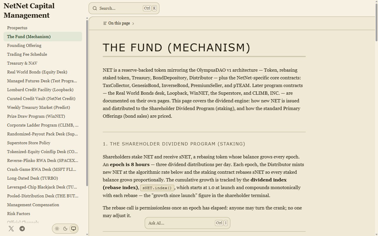 NetNet Capital documentation page titled The Fund, describing NET as a reserve-backed token mirroring the OlympusDAO v1 architecture