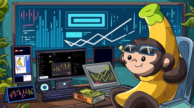Banana Gun monkey mascot in sunglasses at a trading desk with a rising chart, illustrating automated meme coin exits