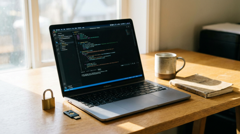 coinbase api key - laptop with code editor beside a padlock and a hardware security key