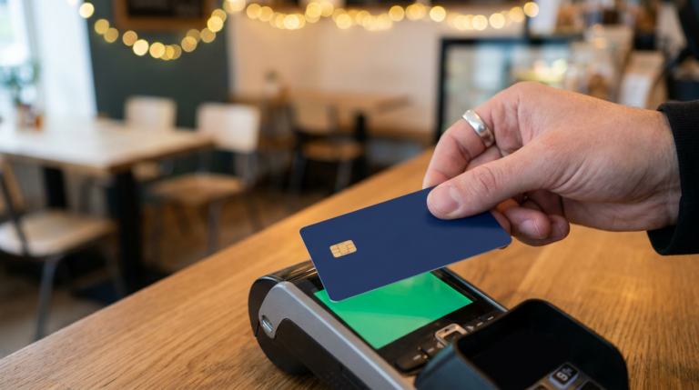 coinbase debit card - hand tapping a navy debit card on a countertop card reader in a cafe